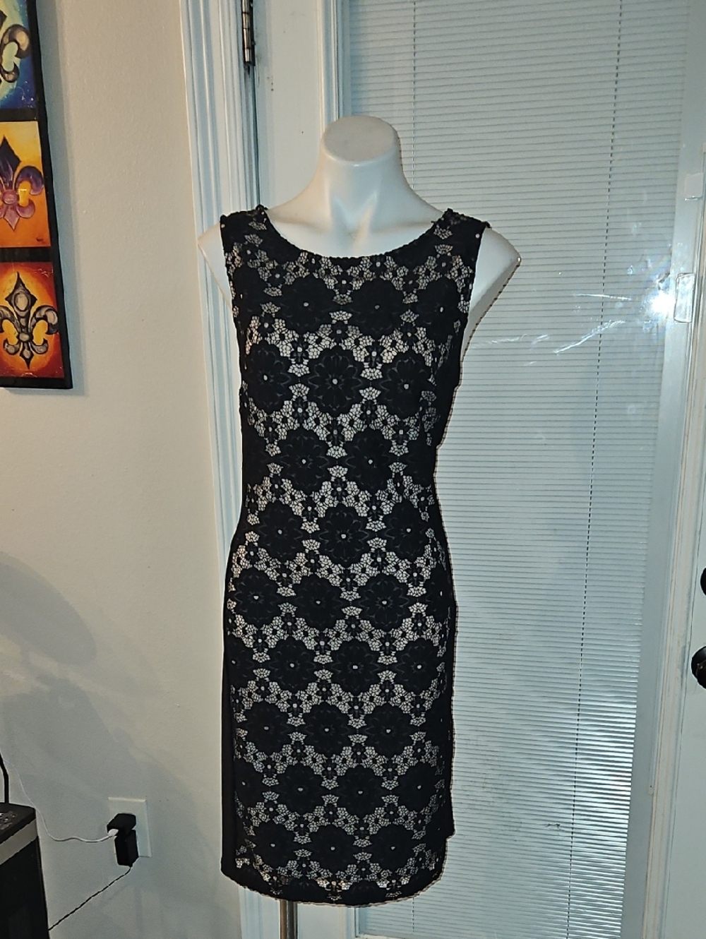 Nine West Black Lace Midi Dress with Nude Lining